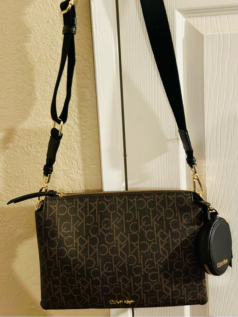 Large Calvin Klein Brown Monogram Crossbody with Black Strap and Gold Hardware